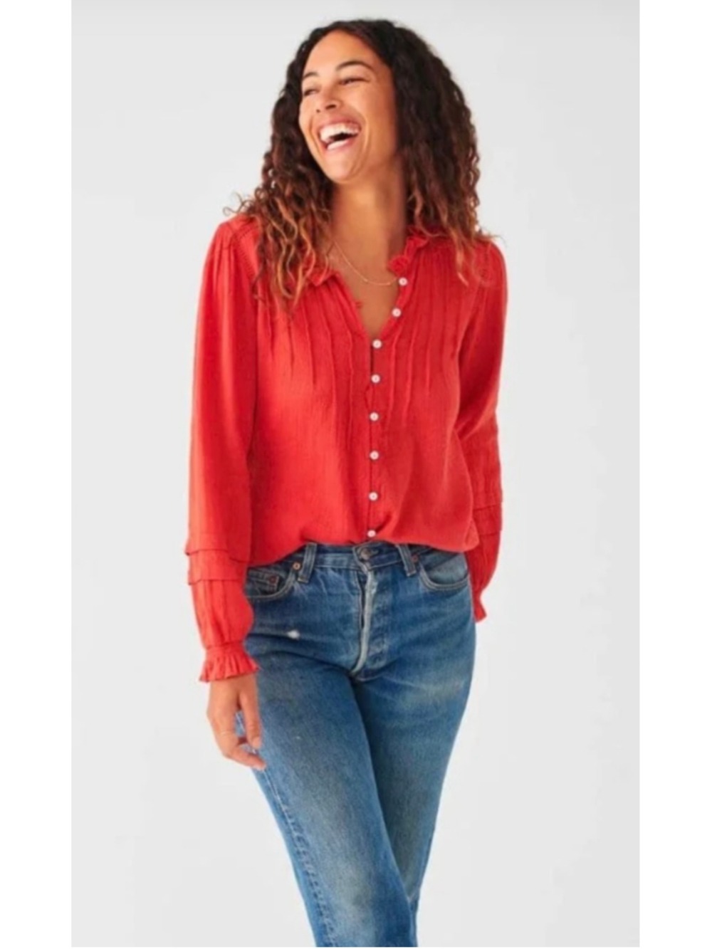 Faherty Button-Front Pintuck Blouse